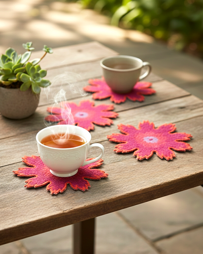 Rahat Pink Flower Embroidered Tea Coaster -4"x4"