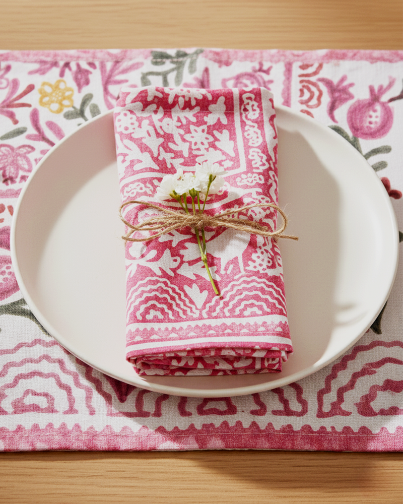 Ayna Green Pink Bird Printed Napkin - 14"X14"