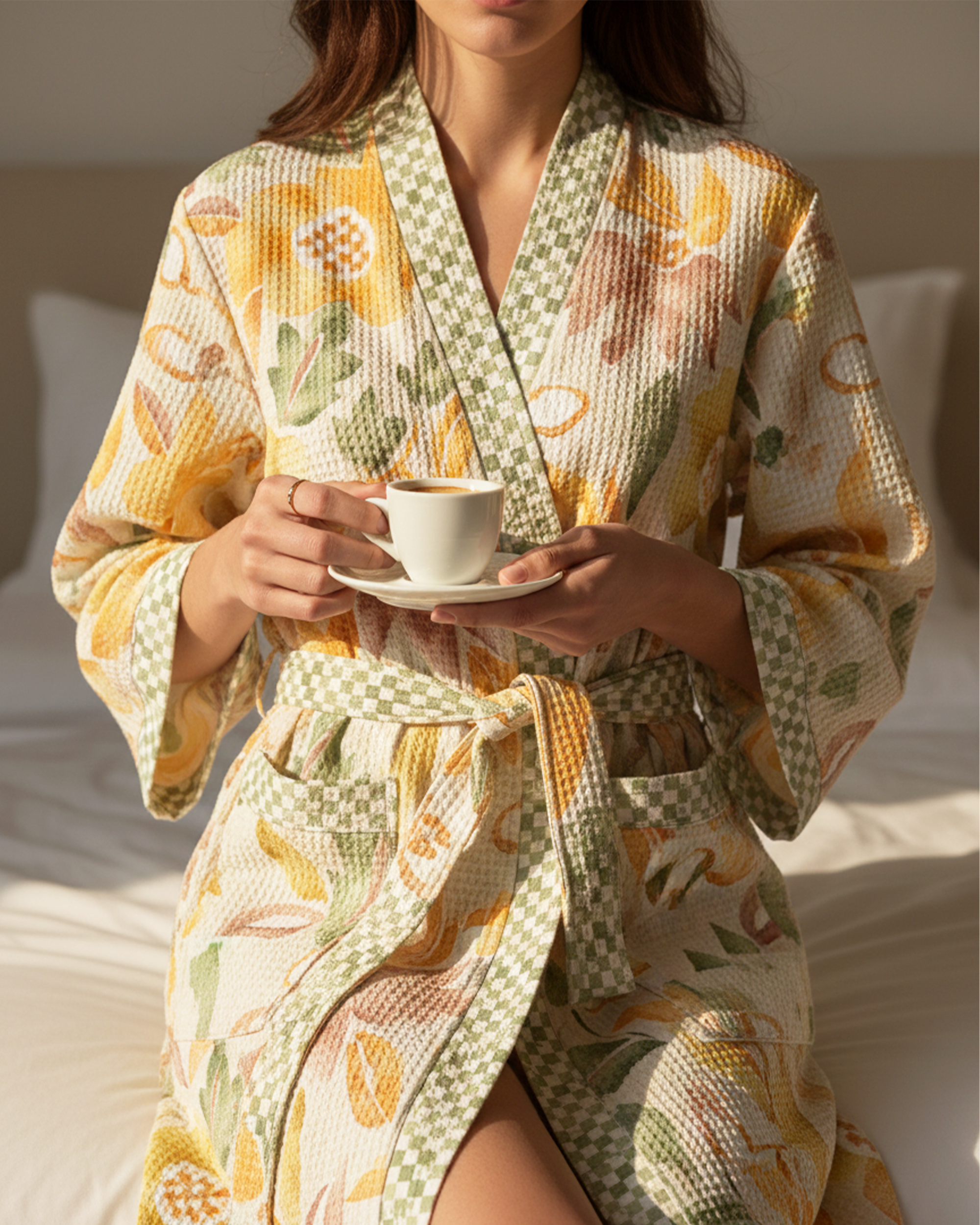 Dancing Floral Yellow Cotton Waffle  Bathrobe