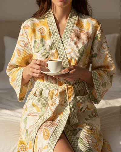 Dancing Floral Yellow Cotton Waffle  Bathrobe