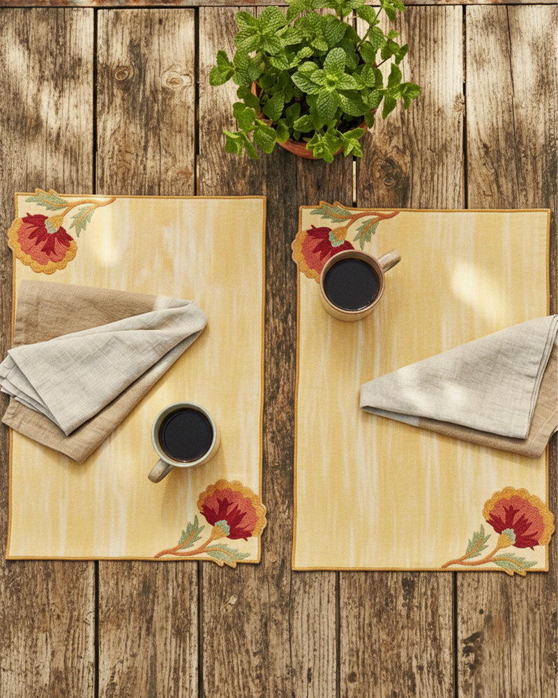 Rahat Yellow Embroidered Placemat - 12"X18"
