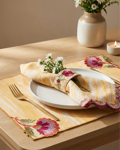 Rahat Yellow Scallop Embroidered Napkin - 16"X16"