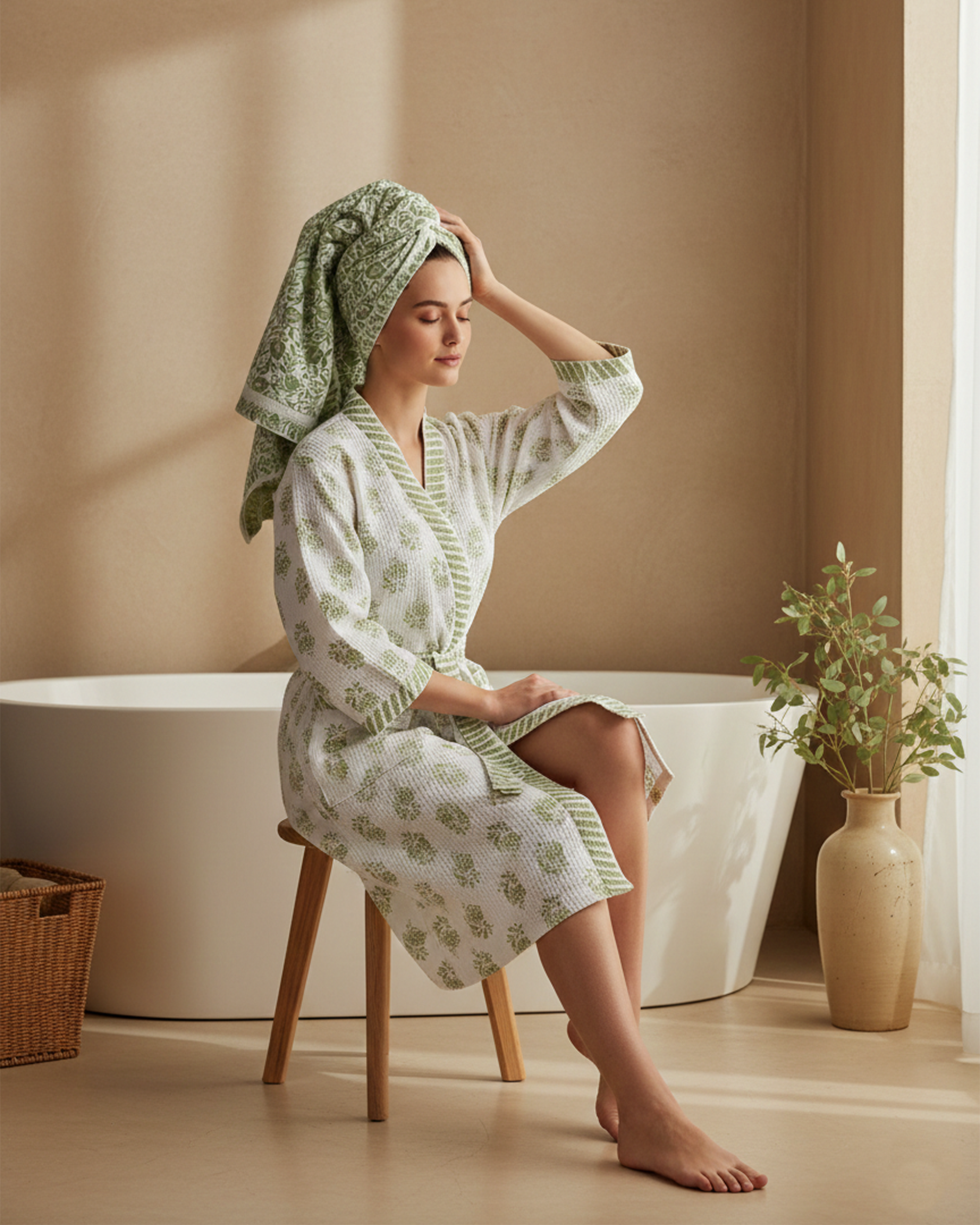 Ayna Green Cotton Waffle Bathrobe