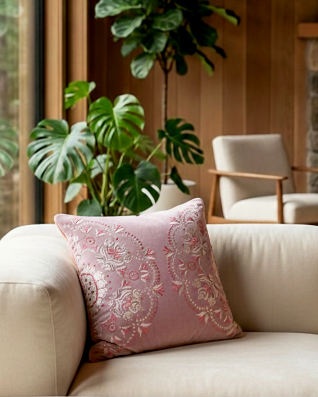 Rahat Mauve Velvet Embroidered Cushion -16"x16"