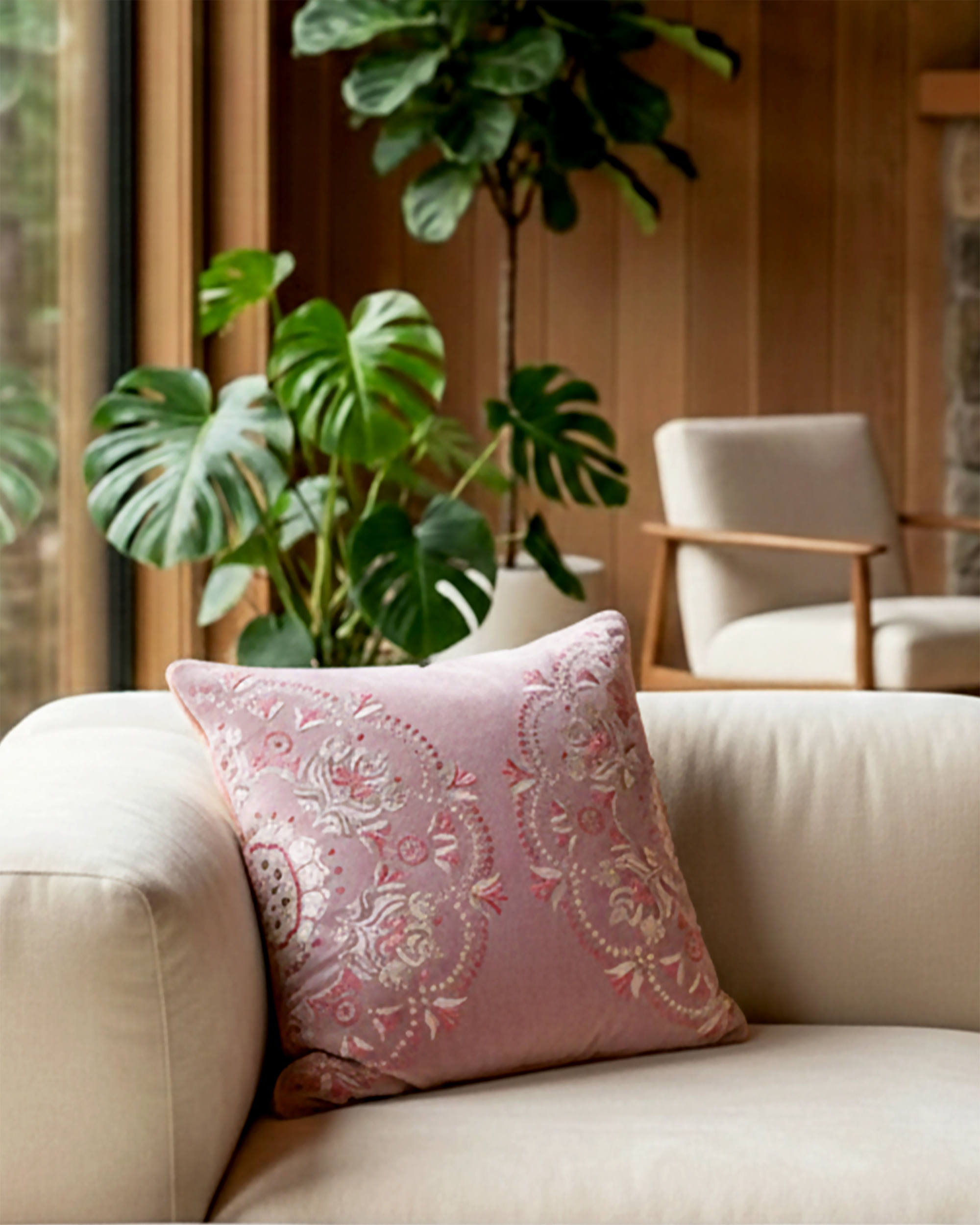 Rahat Mauve Velvet Embroidered Cushion -16"x16"