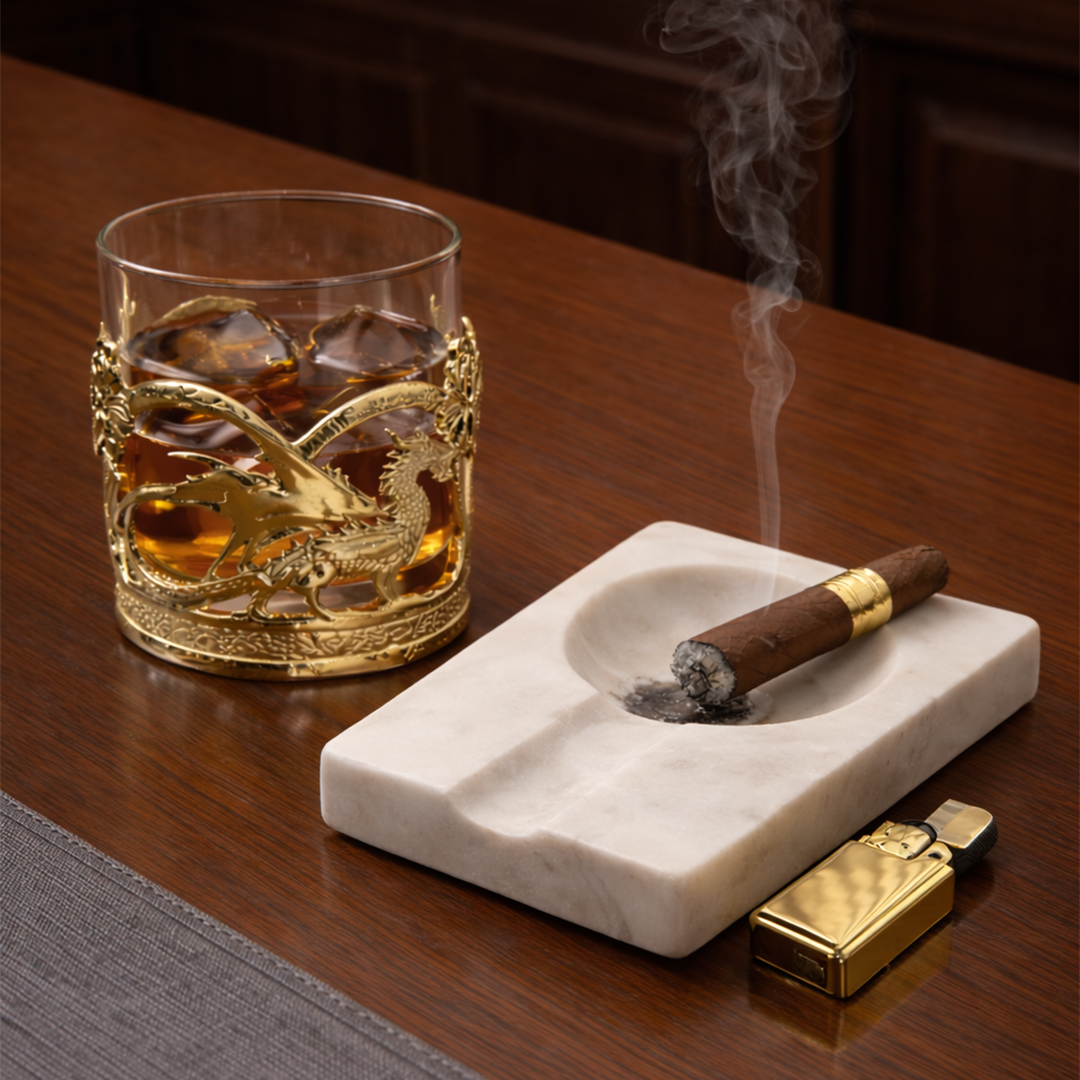 Viserion Whiskey Glass & Monolith - Marble Cigar Ashtray