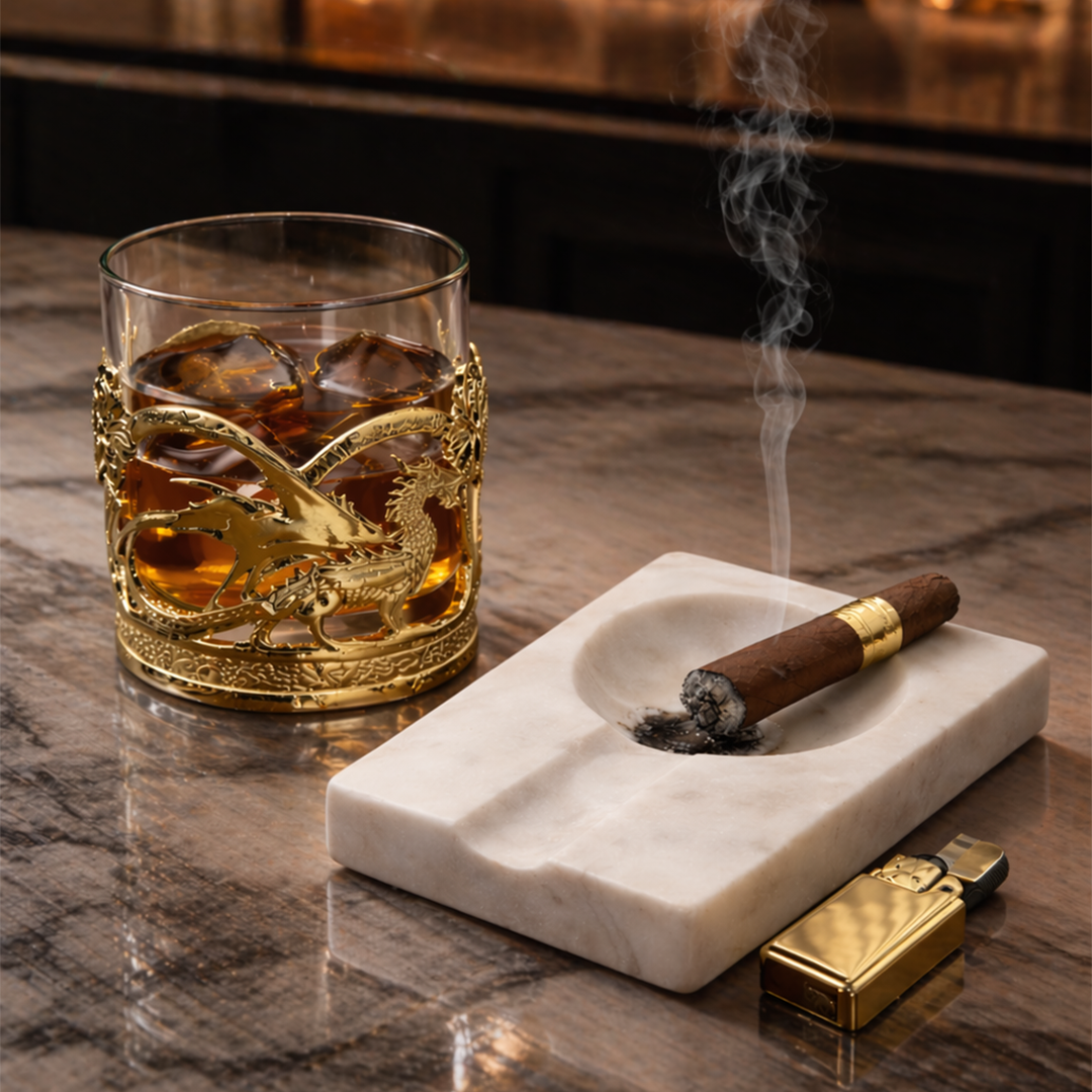 Viserion Whiskey Glass & Monolith - Marble Cigar Ashtray