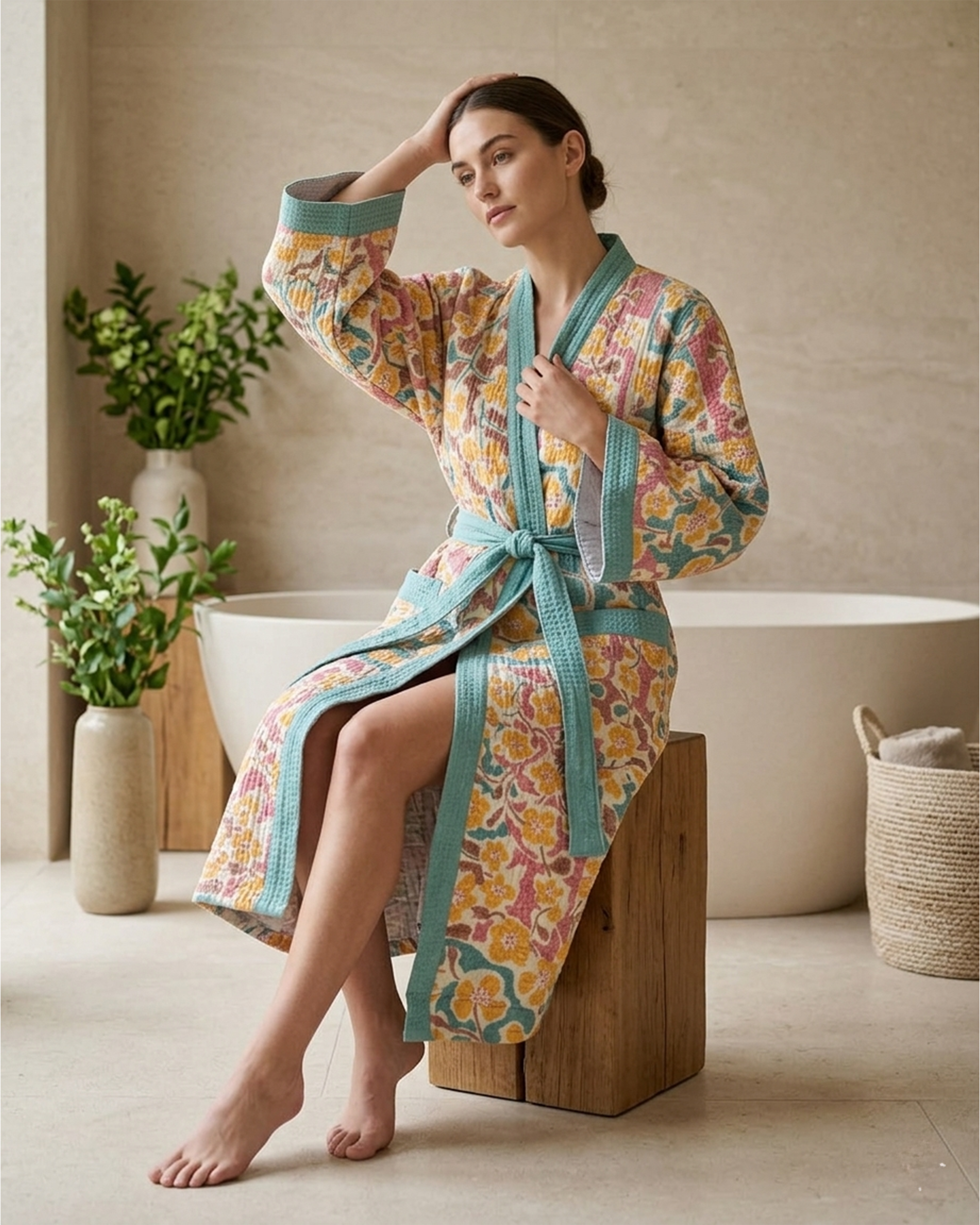 Flower Charm Cotton Waffle Bathrobe