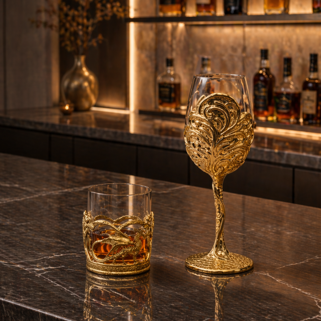 Viserion Whiskey Glass & Gold Leaf handmande Wine Glass