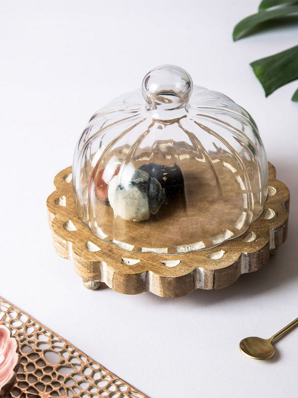Aster Glass Cloche with Wooden Base