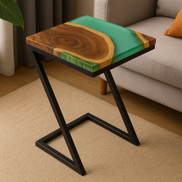 Solid Teak End Table with Green Epoxy Resin