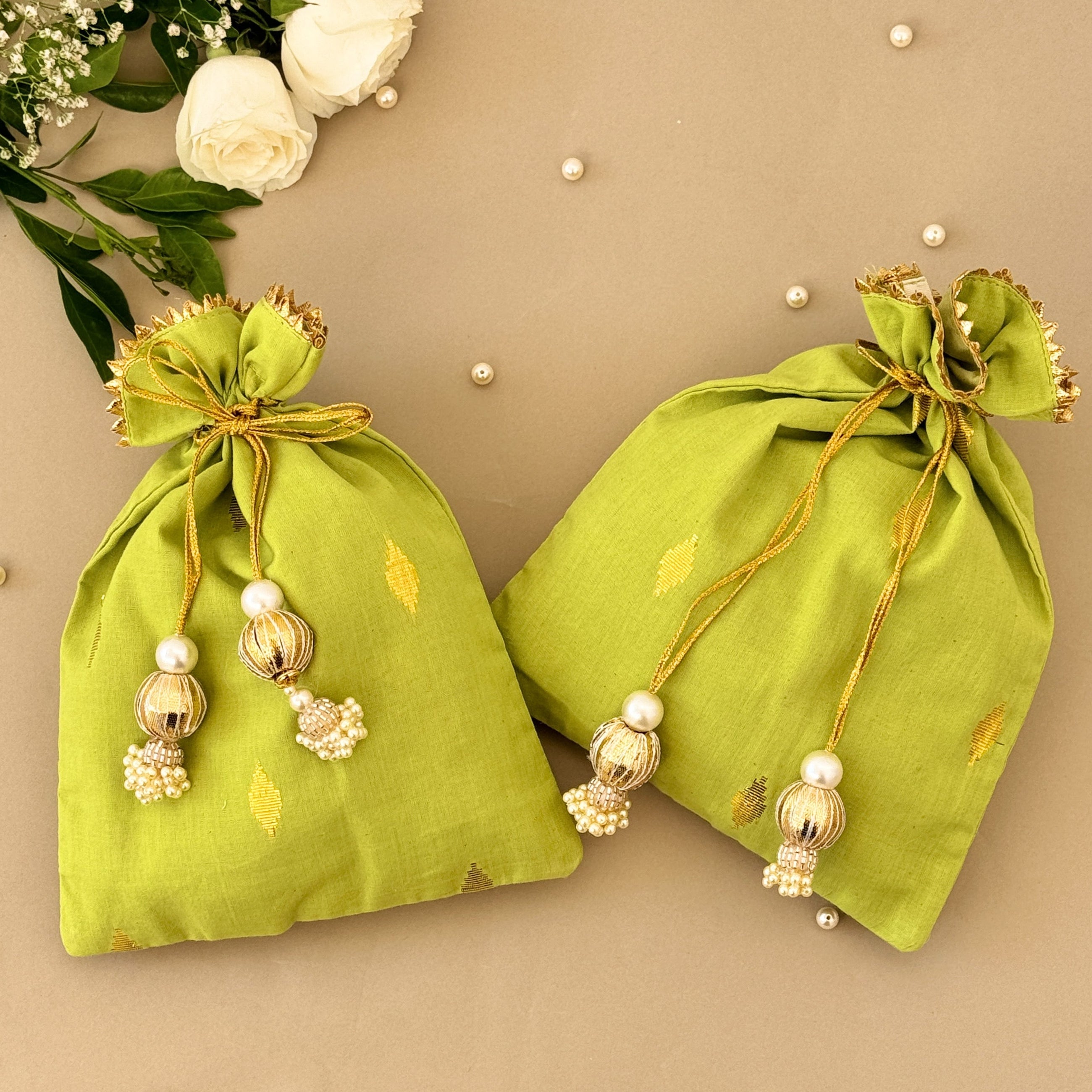 Green & Gold Patola Batwa Bags-Medium (Set of 2)