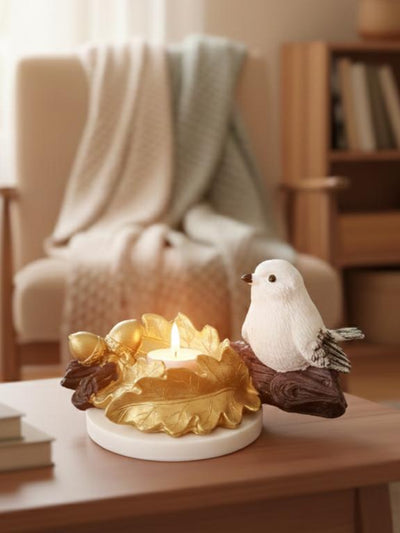 Golden Oak Leaf Bird Candle Holder