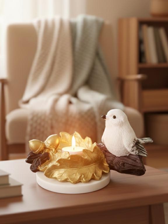 Golden Oak Leaf Bird Candle Holder