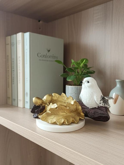 Golden Oak Leaf Bird Candle Holder