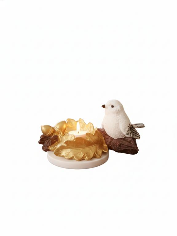 Golden Oak Leaf Bird Candle Holder