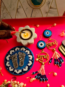 Blue Pottery Laxmi Charan , Door Hangings And Marble Diya Set