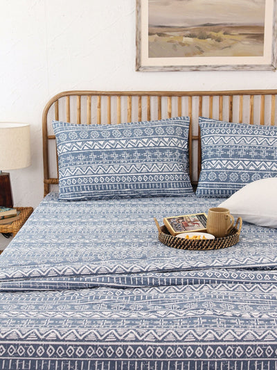 Kullu Patti Bed Set (Duvet Cover + Bedsheet) - Blue