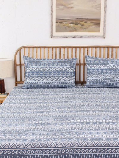 Kullu Patti Bed Set (Duvet Cover + Bedsheet) - Blue