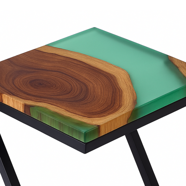 Solid Teak End Table with Green Epoxy Resin