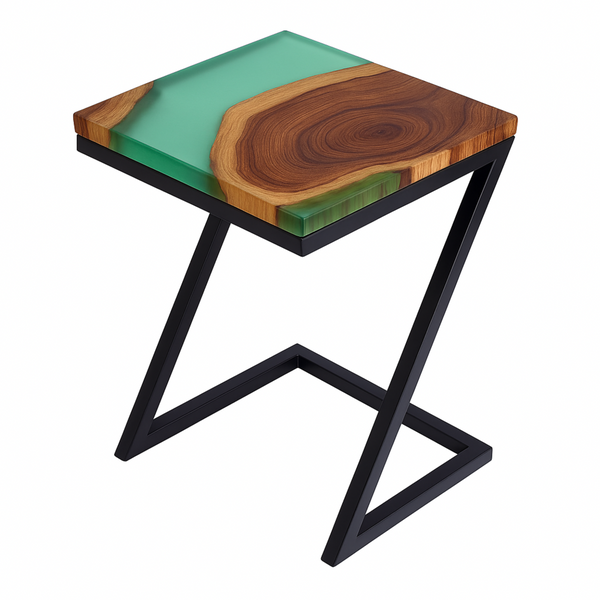 Solid Teak End Table with Green Epoxy Resin