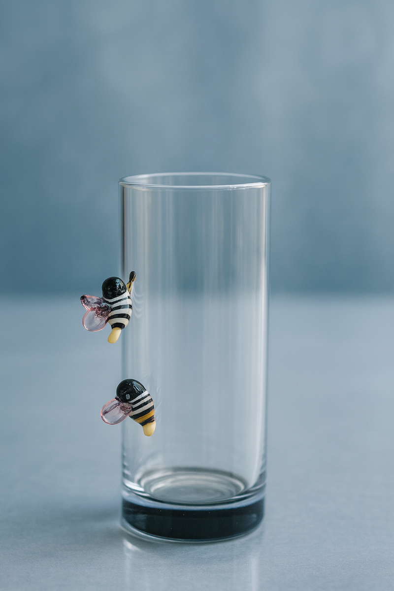 Handblown Glass Vase with Bee Art – 7" Minimalist Decorative Piece