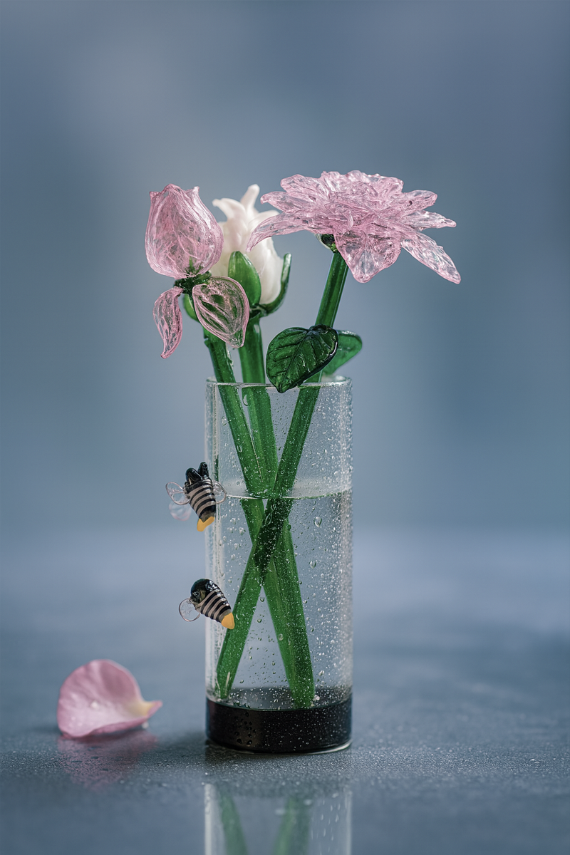Handblown Glass Vase with Bee Art – 7" Minimalist Decorative Piece