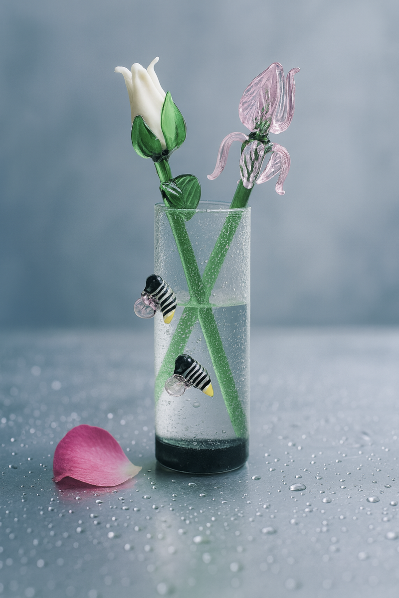 Handblown Glass Vase with Bee Art – 7" Minimalist Decorative Piece