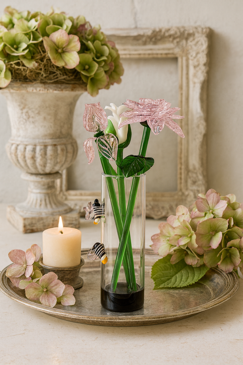Handblown Glass Vase with Bee Art – 7" Minimalist Decorative Piece