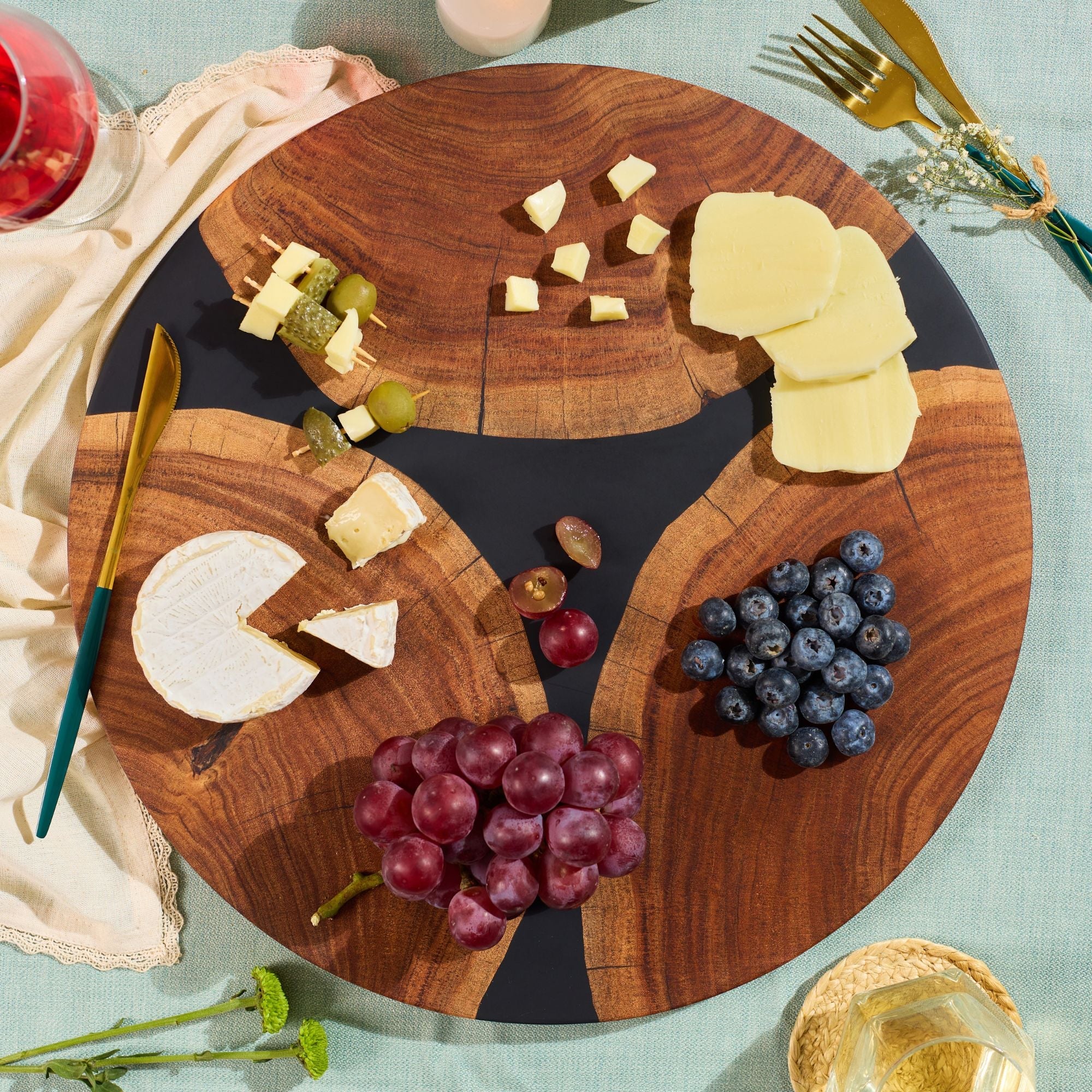 Lazy Susan Platter – Acacia Wood with Aqua Blue Resin Finish