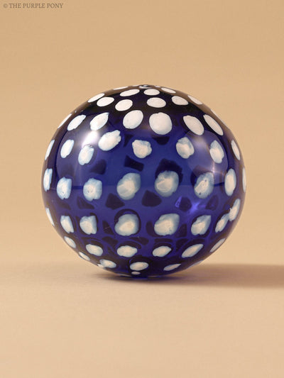 Art Glass Hand Blown Sphere - Blue Retro Polka