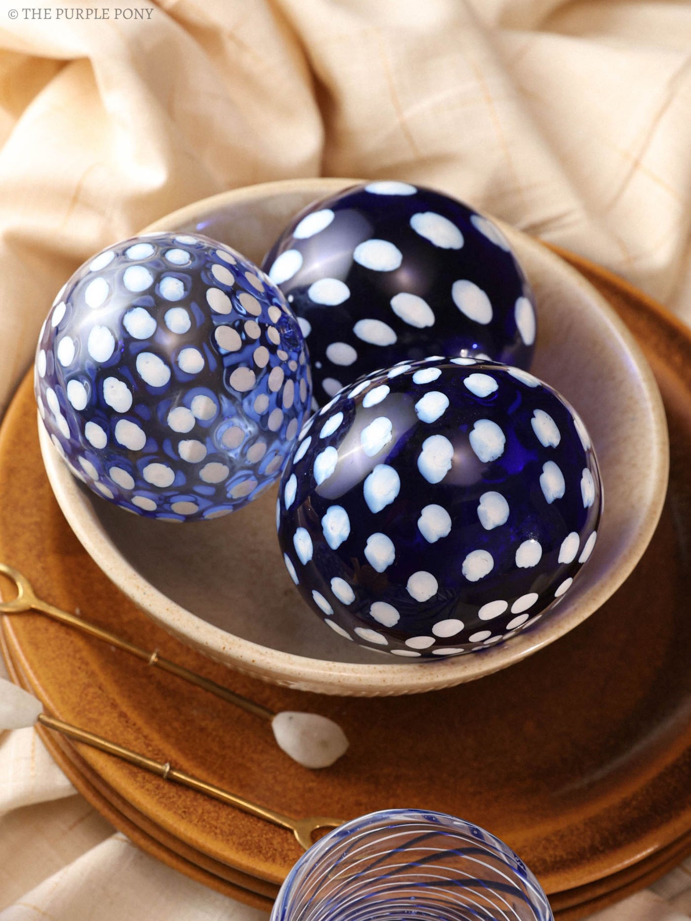 Art Glass Hand Blown Sphere - Blue Retro Polka