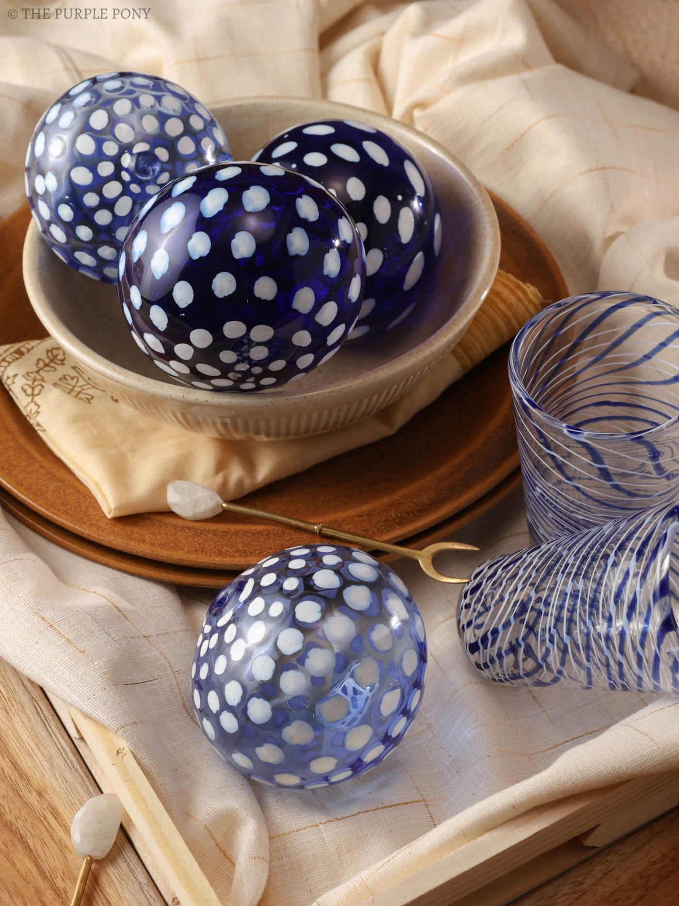 Art Glass Hand Blown Sphere - Blue Retro Polka