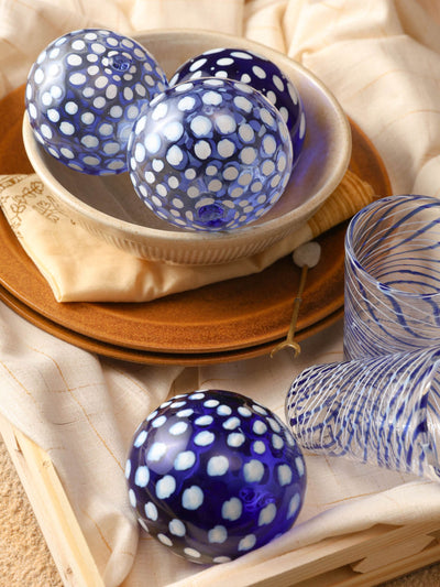 Art Glass Hand Blown Sphere - Blue Retro Polka