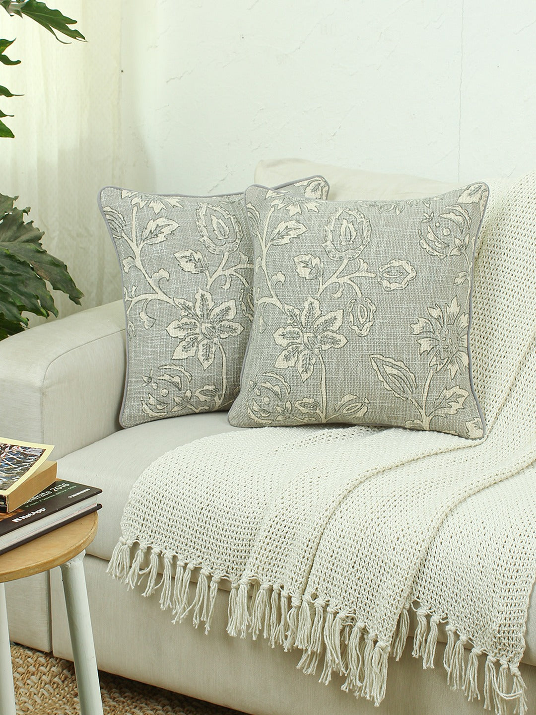 Blooming Florals Set Of 2 Cushion Covers - (Grey) - 40x40cm