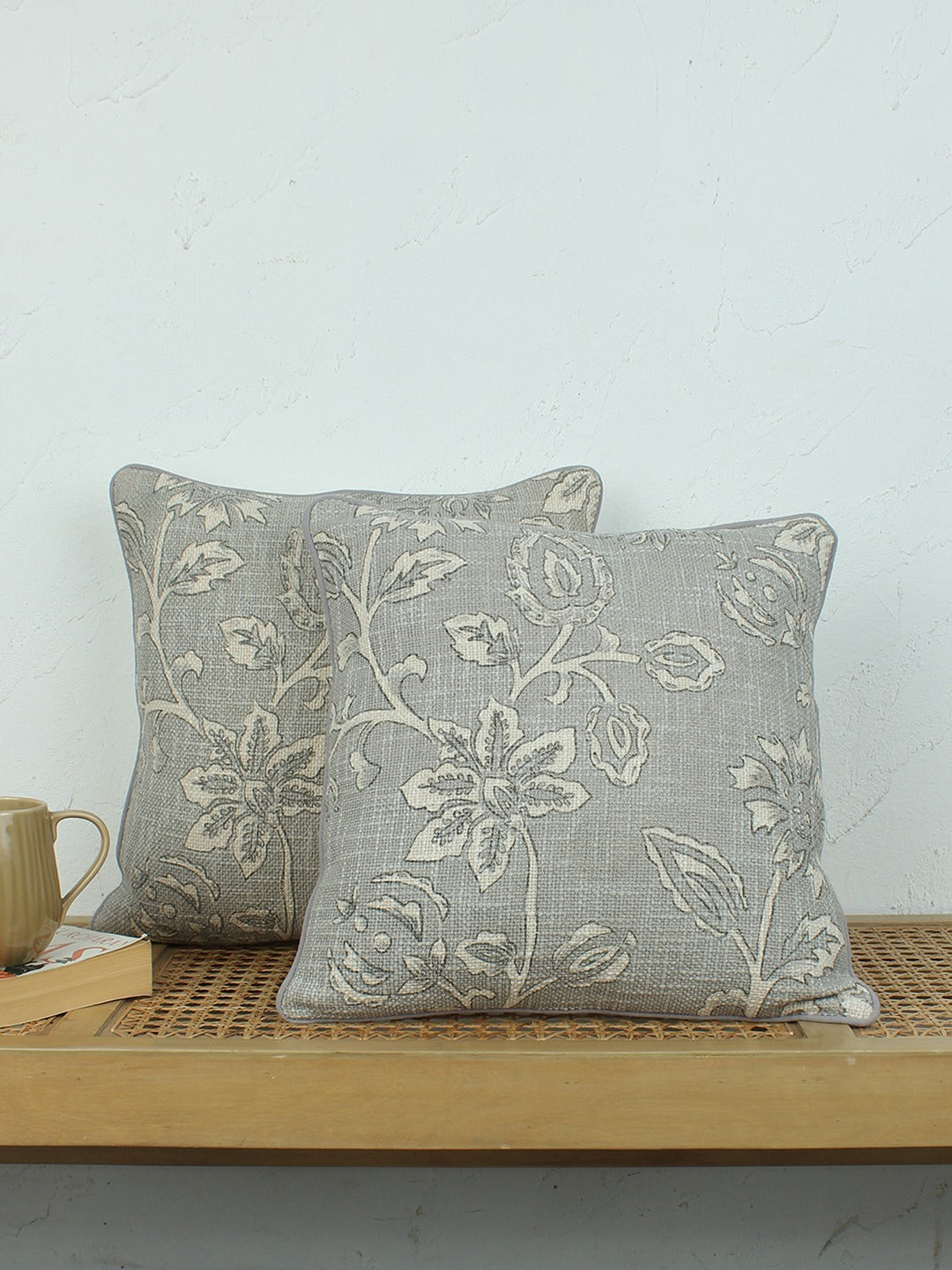 Blooming Florals Set Of 2 Cushion Covers - (Grey) - 40x40cm