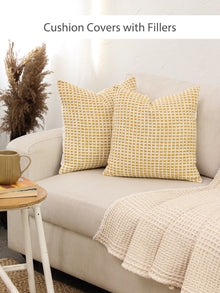 Girnar Set Of 2 Cushion Covers + 2 Cushion Fillers (Yellow) - 40X40 cm