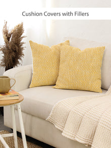 Vindhya Set Of 2 Cushion Covers + 2 Cushion Fillers (Yellow) - 40X40 cm