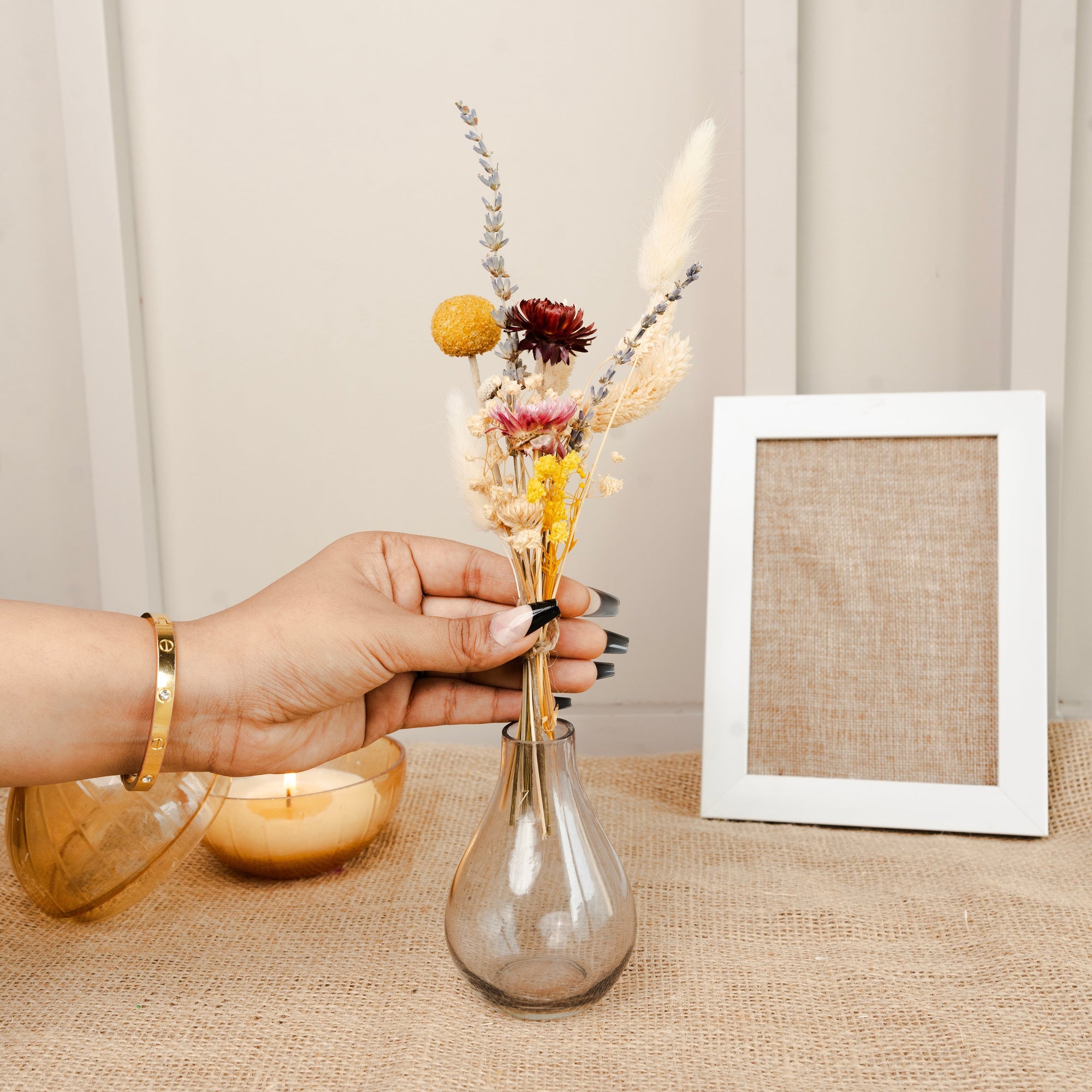 Midnight Bloom Black Glass Vase with Dried Flowers | Decorative Floral Vase for Modern Home Décor