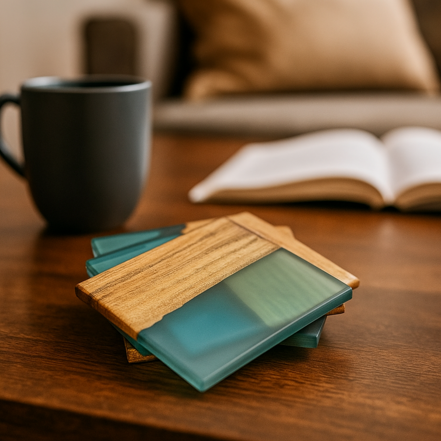 Elegant Aqua Blue Epoxy Resin Coasters set of 4