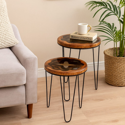 Acacia Wood Nesting Tables set of 2 with Translucent Black Resin