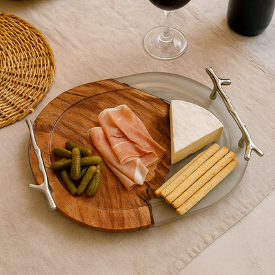 Wooden Tray with Handles – Acacia Wood, transparent Resin Finish