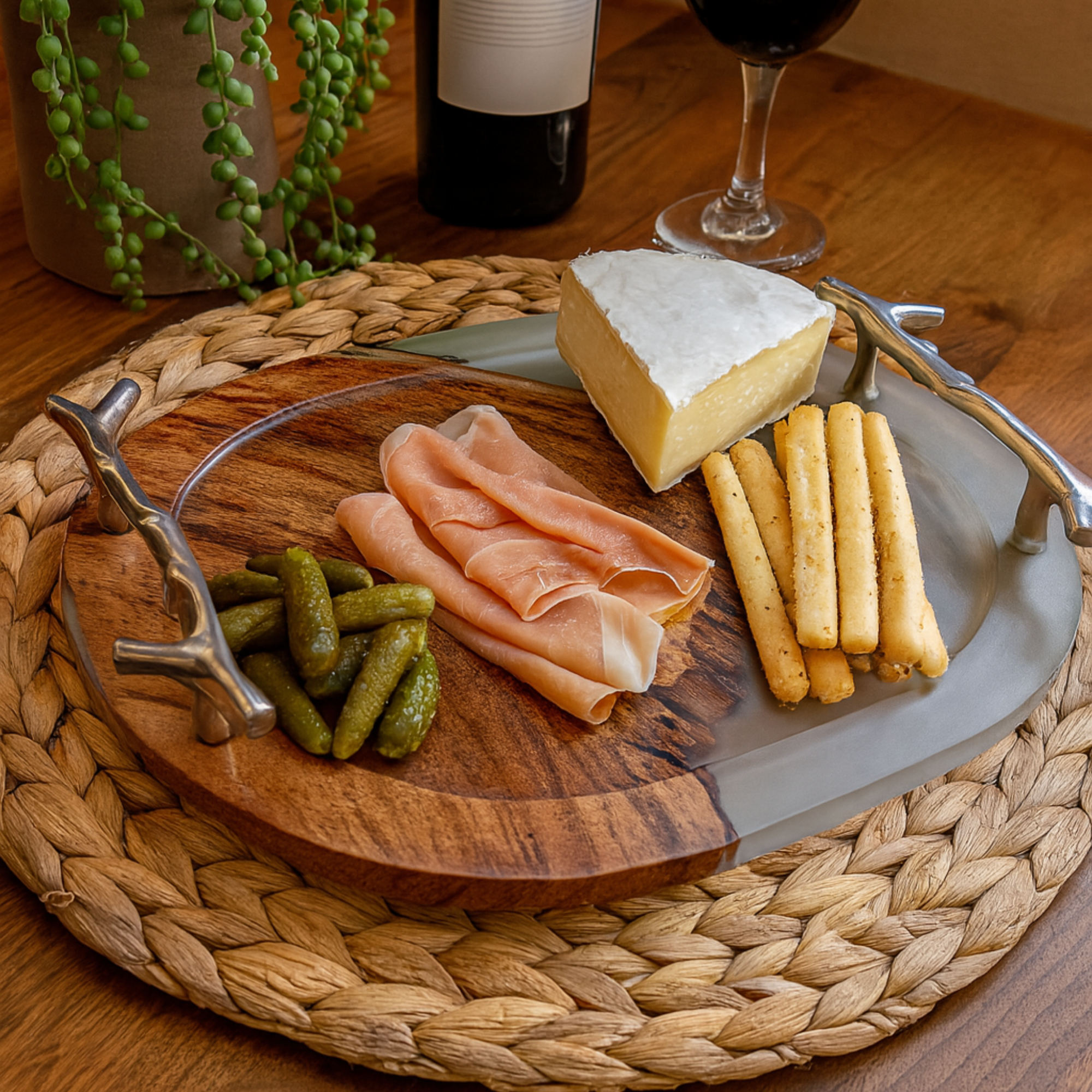 Wooden Tray with Handles – Acacia Wood, transparent Resin Finish