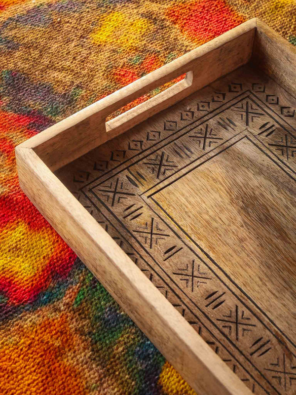 Carved Wood Rectangle Tray Black