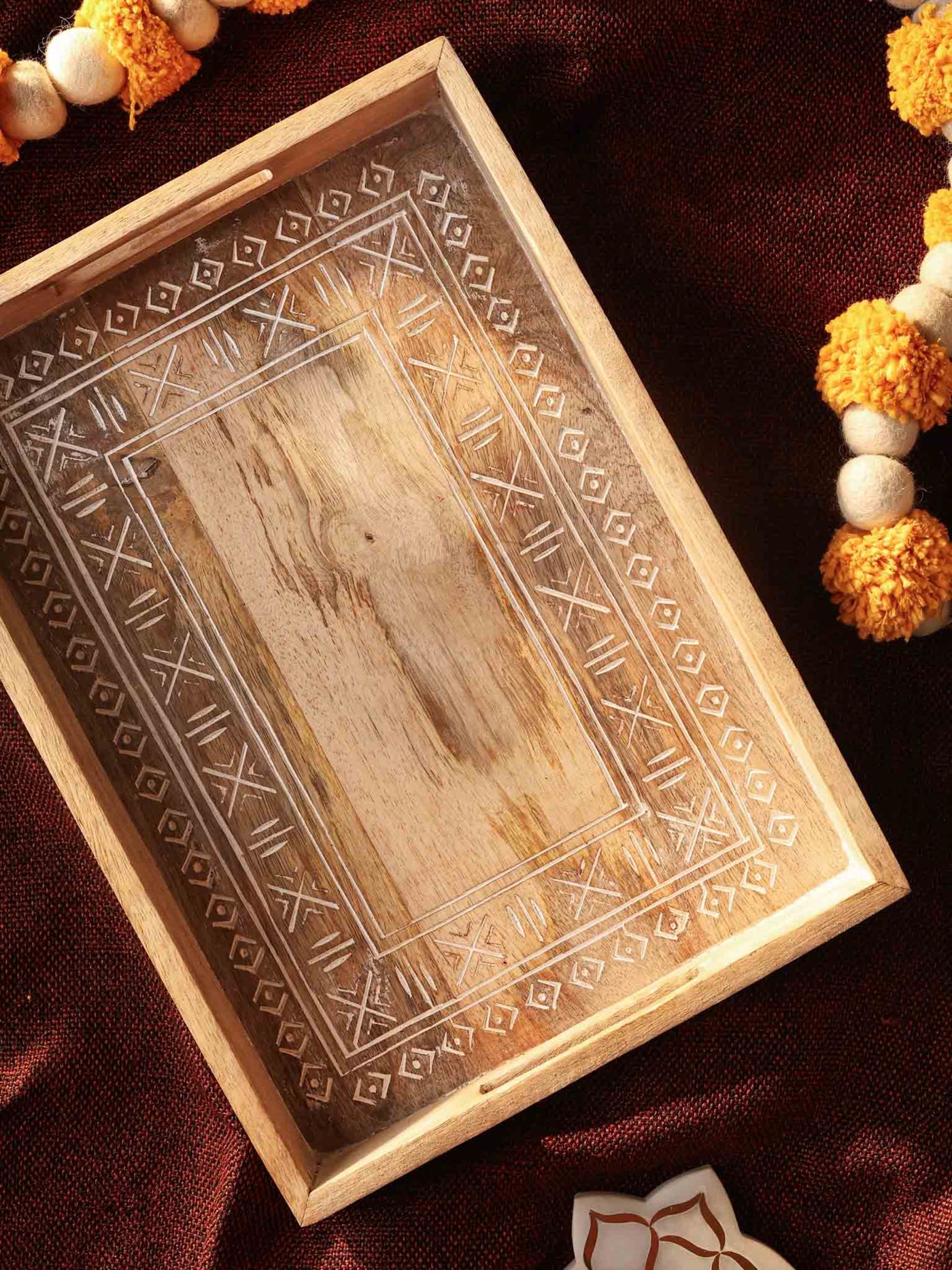 Carved Wood Rectangle Tray White