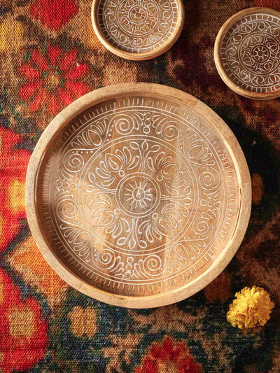 Carved Wood Round Tray White