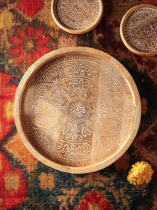 Carved Wood Round Tray White