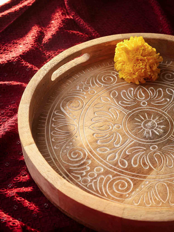 Carved Wood Round Tray White