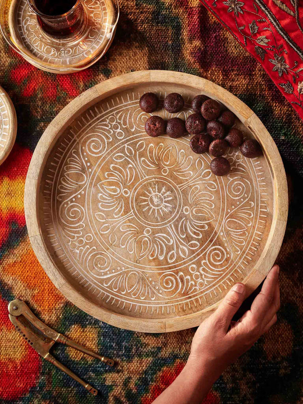 Carved Wood Round Tray White