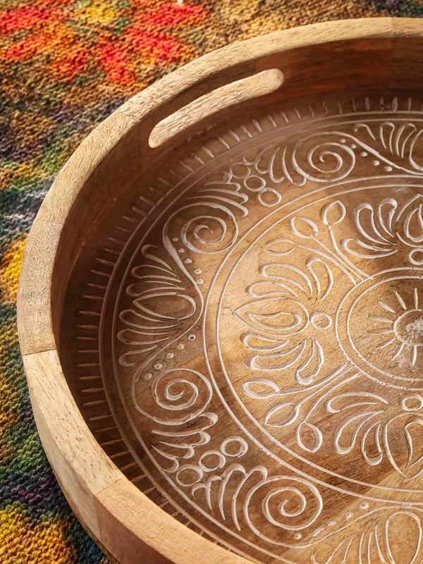 Carved Wood Round Tray White
